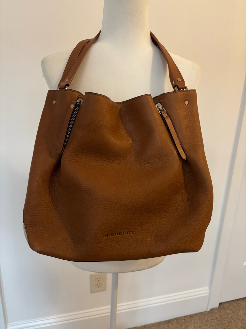 Burberry Tan Pebbled Leather Tote with Double Straps